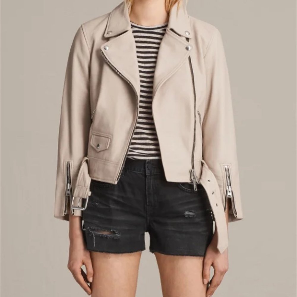 All Saints Cole Leather Biker Jacket Sand